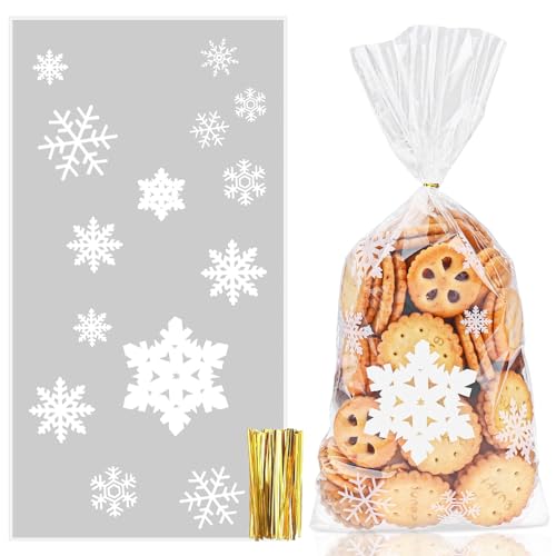 ORTAVA 50 Stück Schneeflocke Weihnachten Plätzchentüten, mit 50 Stück Twist Krawatten, Cellophantüten Klar, Schneeflocke Süßigkeiten Tasche für Süßigkeiten Bonbons Schokolade Nüsse von ORTAVA