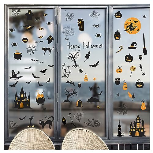 ORTAVA Halloween Deko, Halloween Aufkleber, Aufkleber Fensterdeko Fenstersticker, Geist, Spukhaus, Spinne, Spinnennetz, Fledermaus Halloween Dekoration, Deko Fenster, Fenster Deko, Fensterbilder von ORTAVA