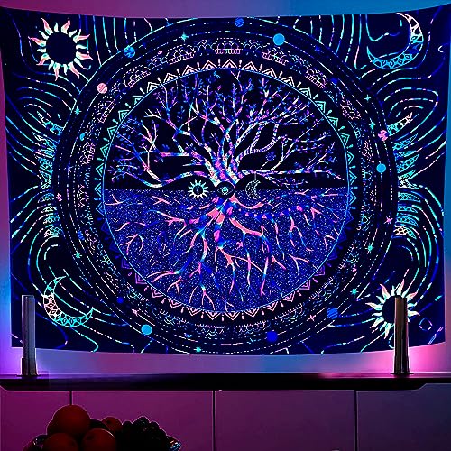 OSVINO Schwarzlicht Baum des Lebens Wandteppich 180X230CM Im Dunkeln leuchten Wandbehang Bunte Ästhetik Sonne Mond Galaxis Trippig Tapisserie für Schlafzimmer Wohnzimmer Wohnheim von OSVINO