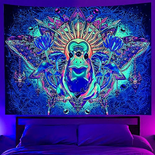 OSVINO Schwarzlicht Wandteppich Frosch 130x150CM Pilze Lotus Schmetterling Bunt Cool Wandposter Neon-Wandteppich Hippie-Zimmerdekoration für Erwachsene Schlafzimmer Wohnzimmer von OSVINO