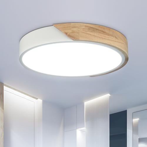 OTREN Deckenlampe LED Deckenleuchte Rund: Flach Schlafzimmer Holz Lampe für Wohnzimmer Büro Küche Flur 24W 6500K Ø30CM von OTREN