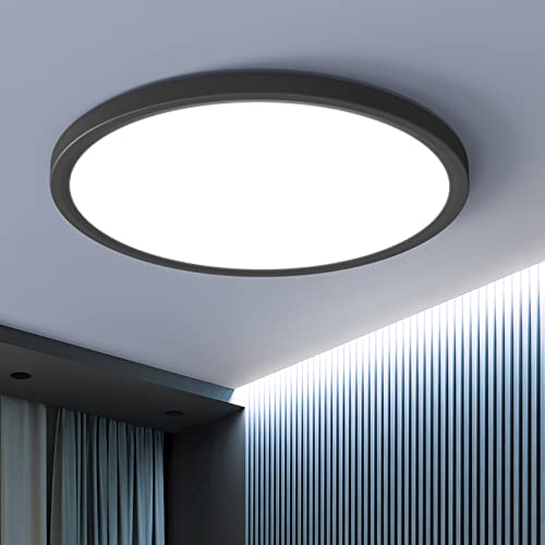 OTREN LED Deckenleuchte 48W, Rund Deckenlampe 4800LM, Moderne Flach Panel 6500K Kaltesweiß für Badezimmerküche Wohnzimmer Schlafzimmer, Ø40CM, Schwarz von OTREN