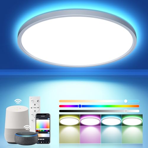 OTREN LED Deckenleuchte Dimmbar mit Fernbedienung, 36W RGB Farbwechsel Led Deckenlampe Kompatibel mit Alexa Google Assistant, IP44 Smart Lampe für Schlafzimmer Esszimmer Küchen Badezimmer, Ø30CM von OTREN
