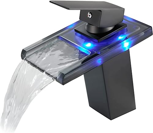 OUGOO LED Wasserfall Wasserhahn, Farbtemperatur Beleuchtet Glas Bassin Hahn, Einhebelmischer mit einem Loch für den Einbau in das Badezimmer, Badarmatur aus Messing, Schwarz von OUGOO