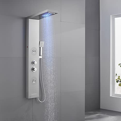 OUGOO Duschpaneel mit LED-Lichtern, aus 304 Edelstahl, 5-in-1 Duschpaneel Duschset, Wasserfall, Regendusche, 2 Massagedusche, Handbrause und Badewannenauslauf, Gebürstet von OUGOO