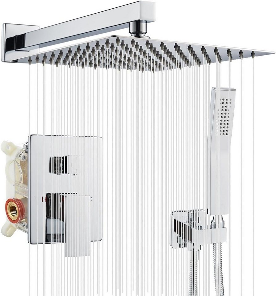 OUGOO Duschsystem mit Lufteinspritztechnik, Messing-Ventilkörper, mit Handbrause, 25 * 25cm Quadratische Ultradünne Regenbrause von OUGOO