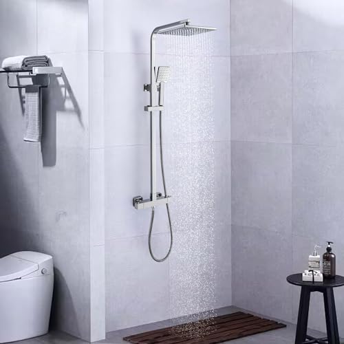 OUGOO Edelstahl Duschsystem mit thermostat, Duschset mit Armatur, Regenduschset mit ABS Kopfbrause, Duschstangeset mit Regendusche,chrom von OUGOO