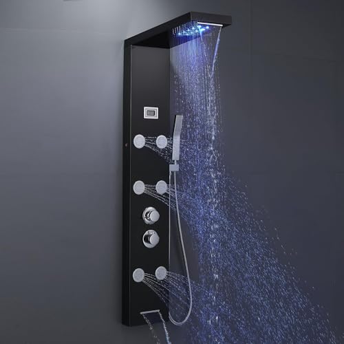OUGOO LED Duschpaneel mit Temperaturanzeige, Wellness Duschsystem mit 5 Funktionen, mit 6 Körperdüsen und LED Regenduschkopf, Duschsäule aus Edelstahl 304, Schwarz… von OUGOO