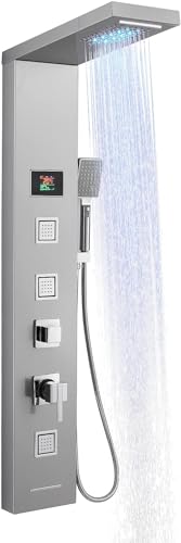 OUGOO LED Duschpaneel mit Armatur, 5 in 1 Duschpaneele Komplett ohne Batterie aus Edelstahl 304, Regendusch, Wasserfall, Handbrause, 3 Massagedusche und Wanneneinlauf,Gebuerstet von OUGOO