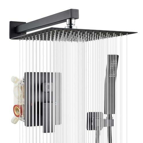 OUGOO Unterputz Duscharmatur Set (mattschwarz), 2 Funktionen duschsystem unterputz aus Edelstahl 304, 25 * 25cm Quadratische Ultradünne Regenbrause mit Lufteinspritztechnik, Messing-Ventilkörper。 von OUGOO