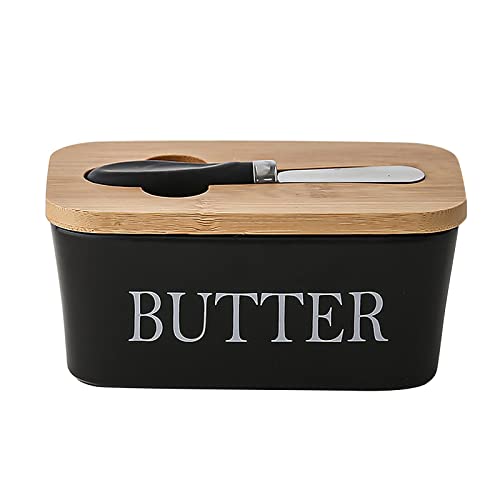 Große Butterdose für 250g Butter,Butterdose mit Messer Keramik Butterdose Double-Layer-Silikon-Dichtung Butterdose mit Deckel,Gute Küche Geschenk (Schwarz) von OUGPIU