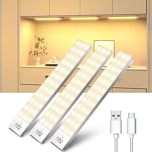 Nachtlicht Unterbauleuchte Küche LED 3Stück Warmweiß mit Bewegungsmelder Innen, Schrankbeleuchtung Küchenunterbauleuchte Lichtleiste mit Batterie USB für Kleiderschrank, Vitrine, Treppe, Kofferraum,RV von OUILA