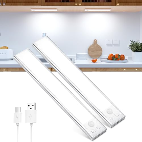 OUILA Unterbauleuchte Küche LED Schrankbeleuchtung mit Bewegungsmelder USB-C wiederaufladbar LED-Licht Dimmbar kabellos Nachtlicht für Küche Kleiderschrank Schrank 20.5CM 2 Stück von OUILA