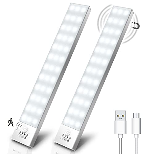 Schrankbeleuchtung LED mit Bewegungsmelder 2 Stück Schranklicht Schrankleuchte Led Leiste Batterie USB Wiederaufladbar Unterbauleuchte Küche für Kleiderschrank, Treppe, Kofferraum, RV von OUILA
