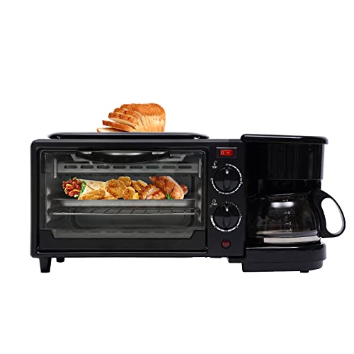 3 in 1 Minibackofen mit Kochplatten Frühstücksmaschine mit Kaffee Maschine Frühstückstheke Pizza-Backofen Mini Backofen,30 Min. Timer,100°C - 230°C von OUKANING