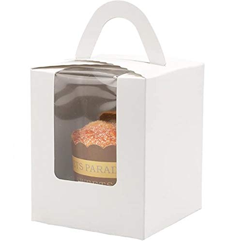 50 Stück einzelne Cupcake-Behälter mit Fenstereinsätzen, Griff für Backwaren, Geschenkverpackungen (weiß) von OUKEYI