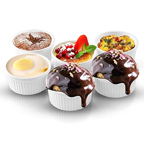 Porzellan-Souffelschalen, Keramik-Backförmchen, Auflaufförmchen-Set, ofenfest, Porzellan, zum Servieren von Saucen, Dippen, Zwiebelsuppe, Lavakuchen, Flan, Creme Brulee, Pudding, 6 Stück, weiß von OUKEYI