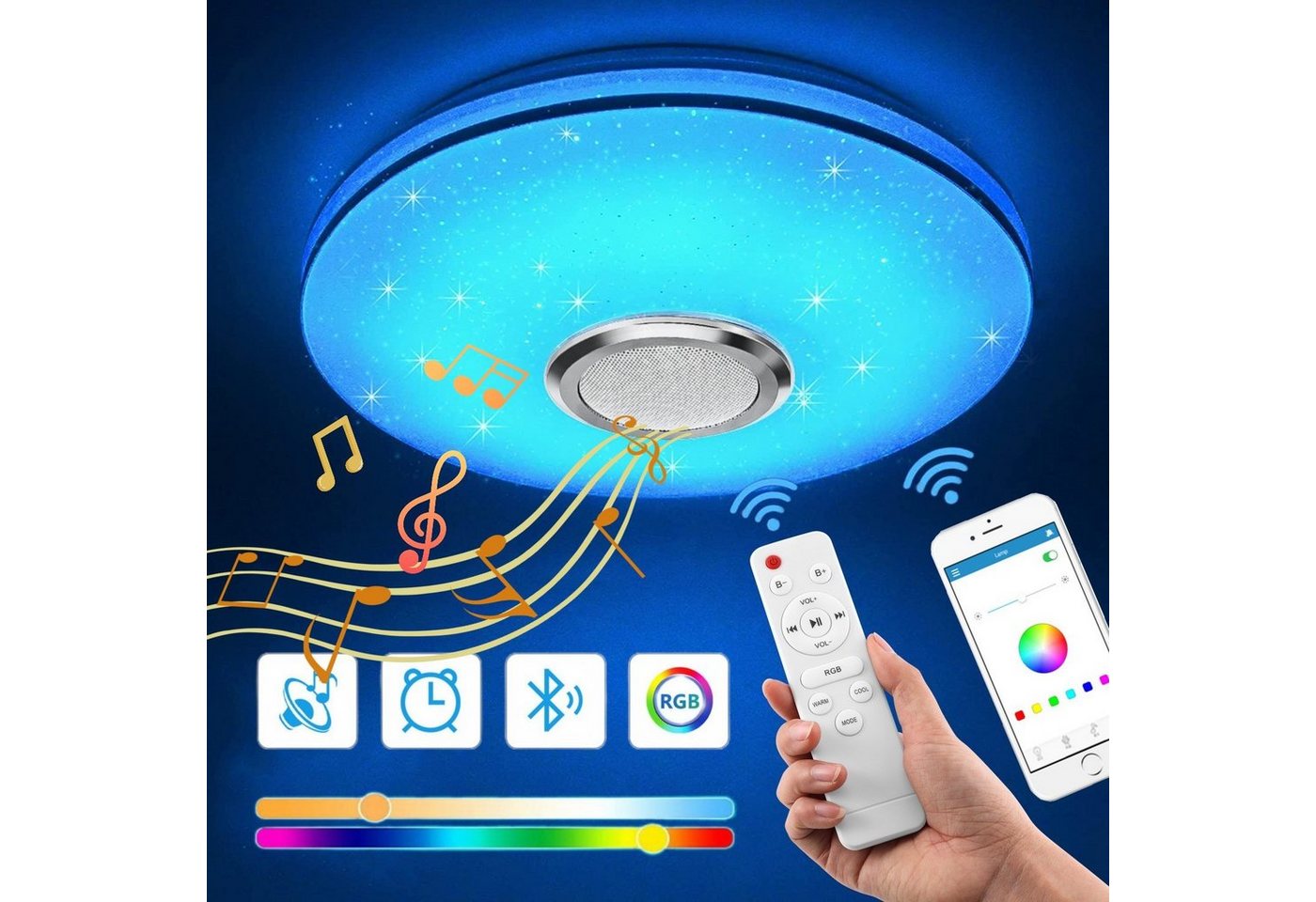 OULENBIYAR LED Deckenleuchte 36W LED Deckenleuchte RGB Dimmbar mit Bluetooth Lautsprecher, LED fest integriert, RGB, Dimmbar, mit Fernbedienung oder APP-Steuerung, für Schlafzimmer Küche Wohnzimmer von OULENBIYAR