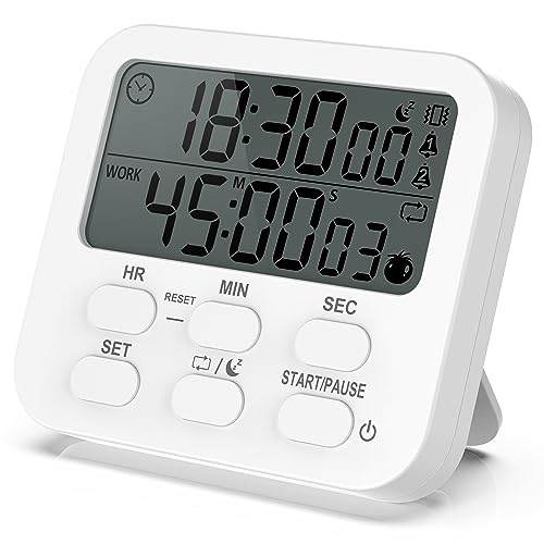 OUSFOT Timer Pomodoro Timer mit große LCD-Display Multifunktions Timer mit Uhr/2 Wecker/Count Up&Countdown/Pomodoro Funktion, Magnetische Stoppuhr Küchentimer digital für Büro/Kochen/Sport usw. Weiß von OUSFOT