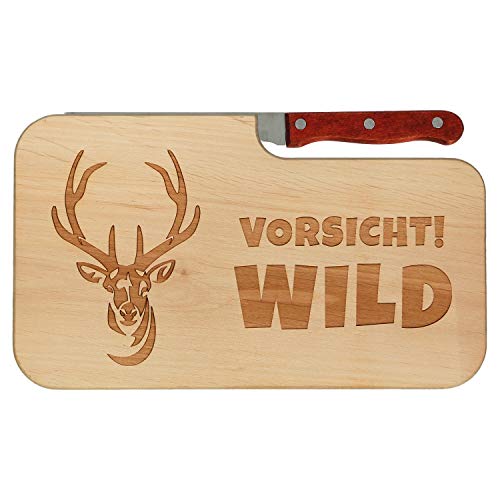 Frühstücksbrett mit Messer inkl. Gravur Waidmannsheil - Geschenkidee für Jäger - Jausenbrett aus Holz - Jäger und Jagd Geschenke (Vorsicht Wild) von OUTDOORDINO