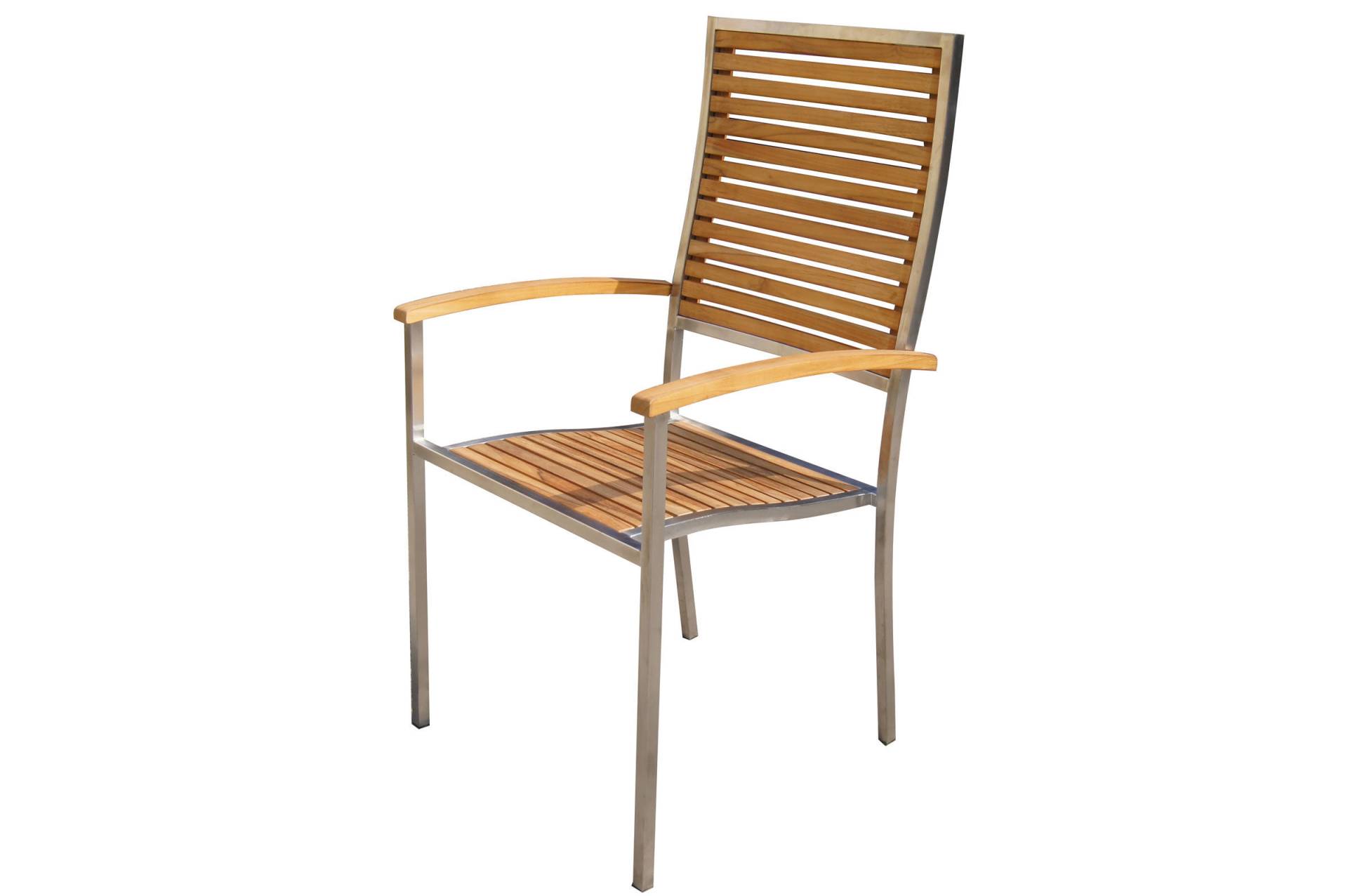 OUTFLEXX Stuhl aus Edelstahl/FSC-Teakholz mit hoher Rückenlehne und Armlehnen, stapelbar von OUTFLEXX