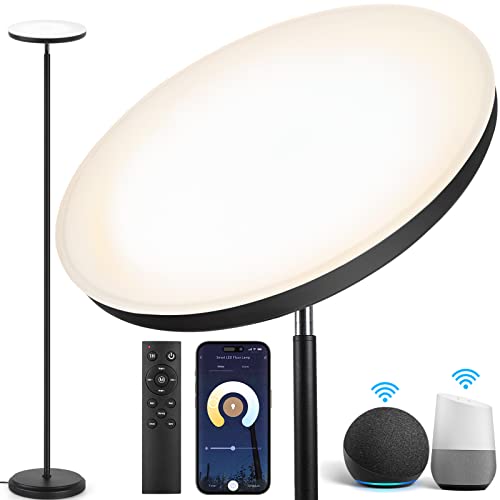 OUTON Smart LED Stehlampe 30W 3000LM, WiFi Standleuchte Dimmbar mit Alexa und Google Assistant, App-Steuerung, Fernbedienung & Berührung, Schwarz Deckenfluter für Wohnzimmer Schlafzimmer Büro von OUTON