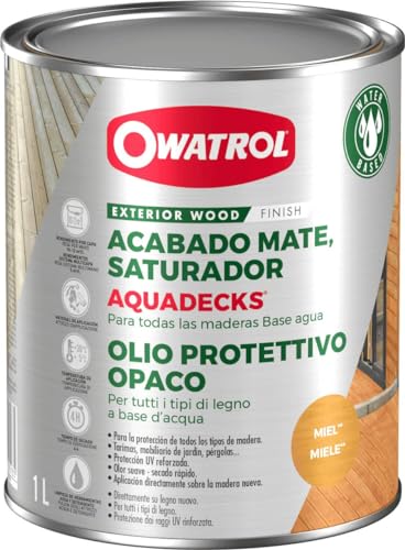 OWATROL – AQUADECKS – 5 L – Miel – Holzsättiger matt auf wässriger Basis, für den Schutz von tropischem Holz im Außenbereich Teak Ipe Bangkirai Akazie Massaranduba von OWATROL