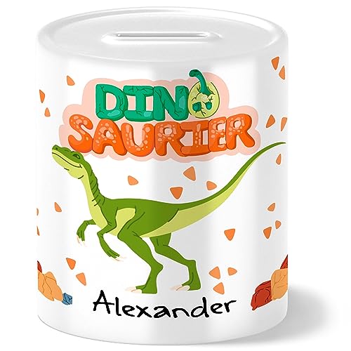 OWLBOOK Velociraptor Spardose Dino Spardose für Kinder Spardose Dino Sparschwein - Spardose mit Namen personalisiert Kinderspardose Kinderspardosen Sparbuechse Sparschwein für Jungen von OWLBOOK