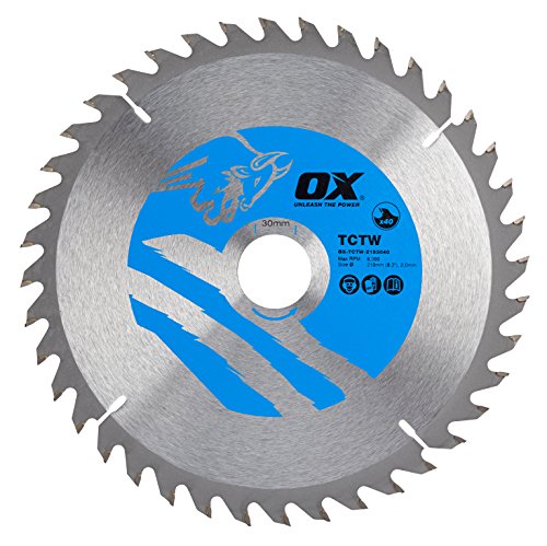 OX OX-TCTW-2103040 Wood Cutting Circular 210/30mm, 40 Teeth ATB Saw Blade, Silver/Blue, 210/30 mm von OX Tools