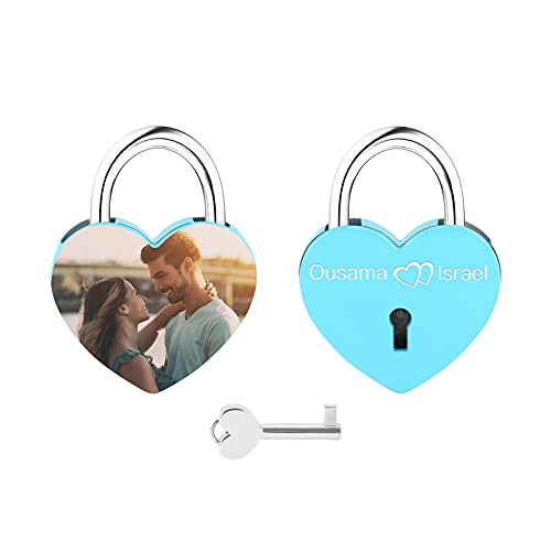 Personalisierte Herzförmige Sperre, OXYEFEI Angepasst Gravur Bild Foto Name Datum Schloss mit Einem Schlüssel (Blau-1) von OXYEFEI