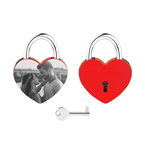 Personalisierte Herzförmige Sperre, OXYEFEI Angepasst Gravur Bild Foto Name Datum Schloss mit Einem Schlüssel (Rot-2) von OXYEFEI