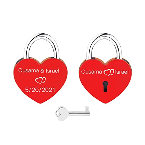 Personalisierte Herzförmige Sperre, OXYEFEI Angepasst Gravur Bild Foto Name Datum Schloss mit Einem Schlüssel (Rot-3) von OXYEFEI