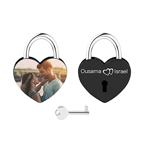 Personalisierte Herzförmige Sperre, OXYEFEI Angepasst Gravur Bild Foto Name Datum Schloss mit Einem Schlüssel (Schwarz-1) von OXYEFEI