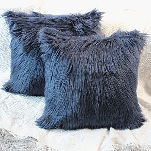 OYIMUA 2 Pcs Weicher Zierkissenbezüge Deko Kissen Schaffell Lammfell Kunstfell Langhaar Zierkissen Kissenbezug Fellimitat Sofakissen Cuddly Kissen (Navy blau, 45 x 45 cm) von OYIMUA