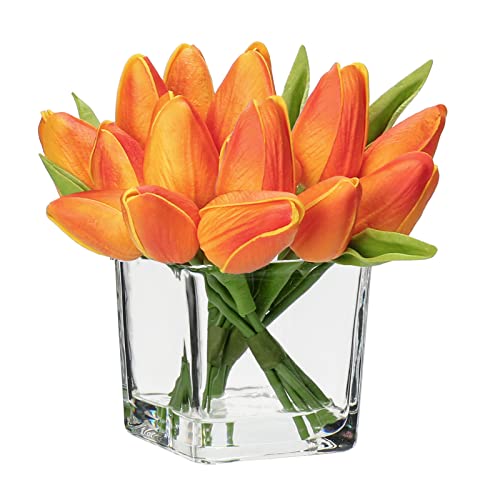 14 Tulpen Künstliche Tulpenblumen Kunstblumen Kunstblumen Echtes Gefühl, künstliche Latex-Tulpen in Glasvase Dekoration für Hochzeitsdekoration, Innen und Außen, Küche, Büro, Heimdekoration, Orange von Oairse