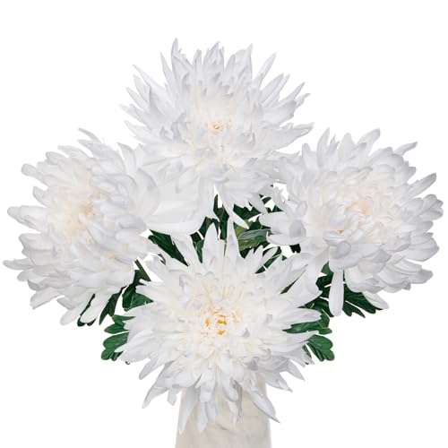 Oairse Große künstliche Chrysanthemen-Blumen, Seidenblumen mit 65 cm langem Stiel, künstliche Spinnenmütter, weiße Blume für Herbstdekoration, Blumenarrangement, Brautstrauß, 15,2 cm, 4 Stück von Oairse