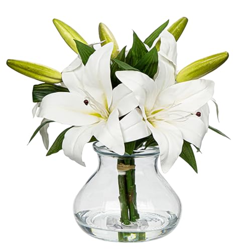 Oairse Kunstblumen mit 5 Tigerlilie in Glasvase Künstliche Hortensienblüten 3D-Druck Real Touch Künstliche Blumen wie echte Hortensien für Hochzeit, Zuhause, Hotel, Party, Blumenarrangement, Weiß von Oairse