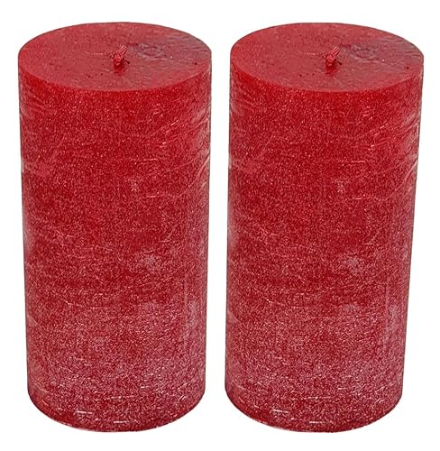2 Rustic Zylinder Stumpenkerzen - Rot metallic in Geschenkverpackung - 2 Stück - 13 x 6,8 cm - Dekorative Marken Kerzen - Lange Brenndauer - Ohne Duft - Natürliches Pflanzenwachs von Oberle
