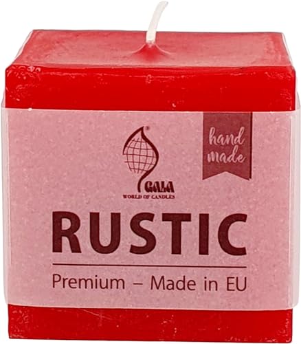 Gala Rustic Candle Kerze - handmade - Rot - 7 x 7 x 7 cm - 1 dekorative Marken Haushalts Kerze - kein Duft - Natürliches Pflanzenwachs von Oberle