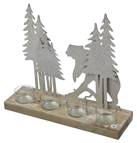 Oberle Teelichthalter Wald und Bär Silber 36x30 cm Weihnachtsdeko Winterwald Winterdeko von Oberle
