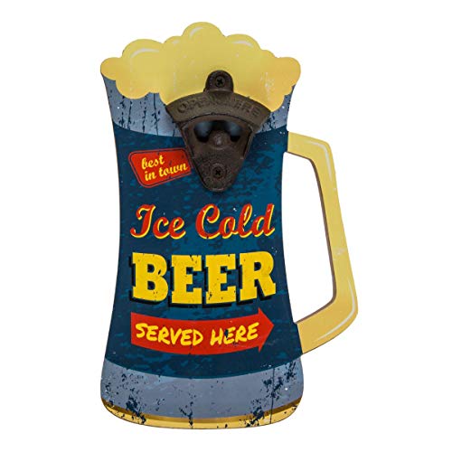 Flaschenöffner für die Wand in Bierkrug - Form aus Metall, integriertem Kapselheber, farbenfroher Vintage- / Shabby Stil (H x B x T): 26 x 17 x 1 cm, Modell:Ice Cold Beer von Objektkult