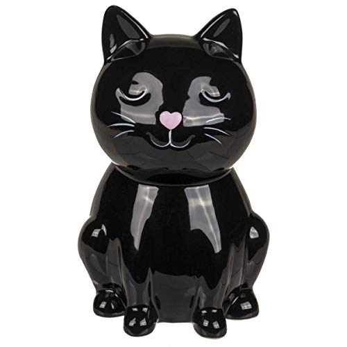 Keramik Spardose Schwarze Katze mit Schloss, niedliche Katzen-Figur als abschließbare Sparbüchse, 15,5 x 10,5 x 9,5 cm, Schwarz, witzige Verpackung für Geld-Geschenk für Katzen-Liebhaber von Objektkult