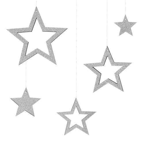 Oblique Unique® Holz Sterne 5er Set Silber Holzdeko Holzstern Glitzernd Dekosterne zum Aufhängen für Weihnachten Weihnachtsdeko aus Echtholz von Oblique Unique