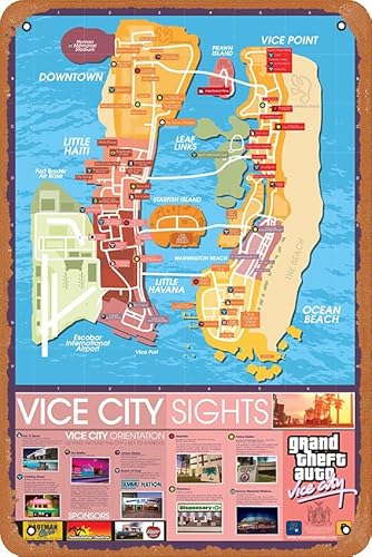 Grand Theft Auto Vice City Map HQ Poster Metall Blechschild Wandkunst Vintage Man Cave Bar Shop Garage 30,5 x 20,3 cm Home Office Decor Art von Oedrtqi