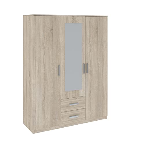 Oggi Saravena 3türiger Kleiderschrank Spiegel 2 Schubladen 6 Einlegeböden B 150 cm H 200 cm Modernes Design Schichtstoffplatte für Wohnzimmer Schlafzimmer Arbeitszimmer Sonoma Eiche von Oggi