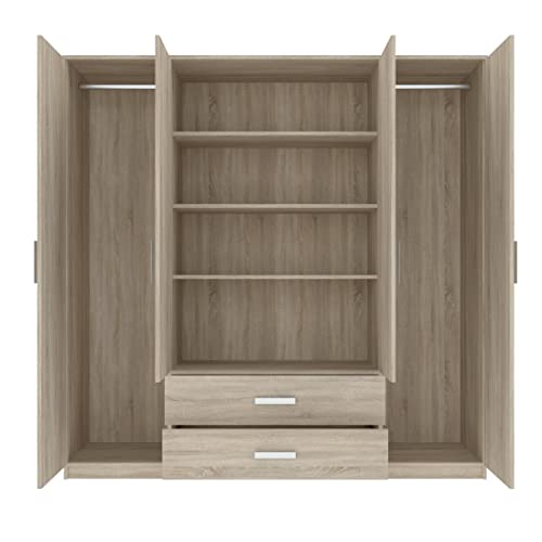 Oggi Saravena 4türiger Kleiderschrank 2 Schubladen 4 Einlegeböden B 200 cm H 200 cm Modernes Design Schichtstoffplatte für Wohnzimmer Schlafzimmer Arbeitszimmer Eiche Sonoma von Oggi