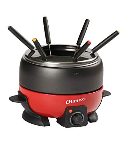 Ohmex OHM-FND-1000G Fondue-Kocher, 800 W, Thermostat, verstellbar, 6 Fondue-Gabeln für Pfannen, Antihaftbeschichtung, 2 l, Schwarz/Rot von Ohmex