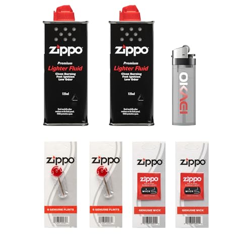 Zippo Feuerzeugbenzin-Set (2 Dosen Feuerzeugbenzin, 12 Feuersteine, 2 Dochte, Okaei-Feuerzeug von Okaei
