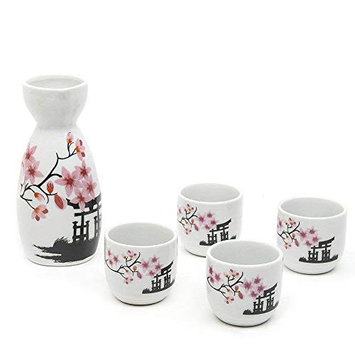 Sake-Set, japanisches Sake-Topf, traditionelles Sake-Tasse, handbemaltes Design, Porzellan, Keramik, Basteln, Weingläser, Saki-Becher, 5 Stück (Kirschblüten neu) von Old Craftsmen's