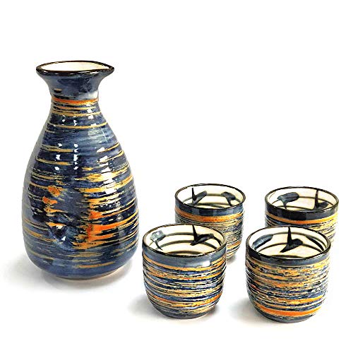 Sake-Set, traditionelles japanisches Sake-Becher-Set, handbemalt, Tassen aus Keramik, Handarbeit, Weingläser, 5 Stück Blue Rich von Old Craftsmen's